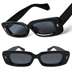 Retro Rectangle Sunglasses Black Frame With Gold Accents Dark Lenses